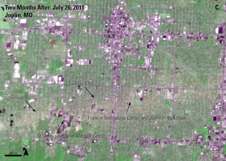 ASTER Terra data of Joplin, MO two months later showing the tornado track and destruction caused by a tornado on May 22, 2011.