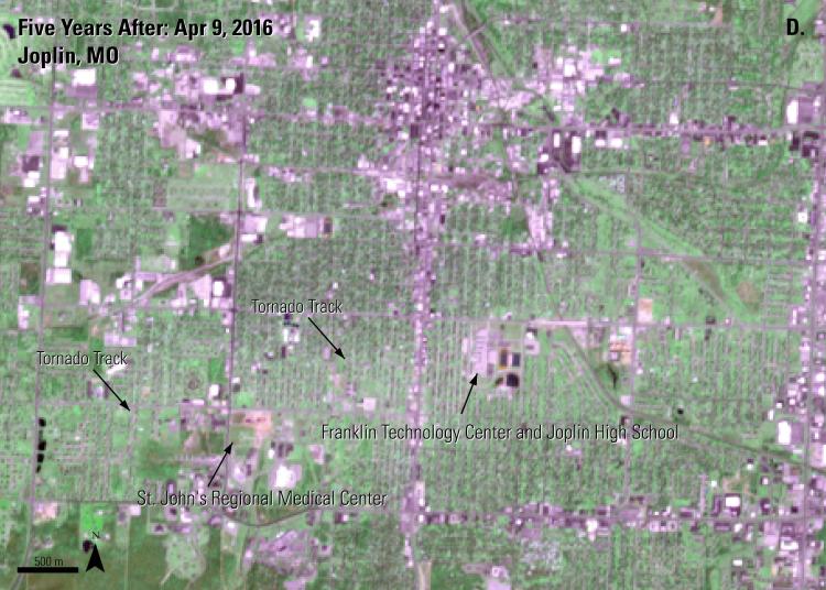 ASTER Terra data of Joplin, MO five years later, showing the tornado track and destruction caused by a tornado on May 22, 2011.