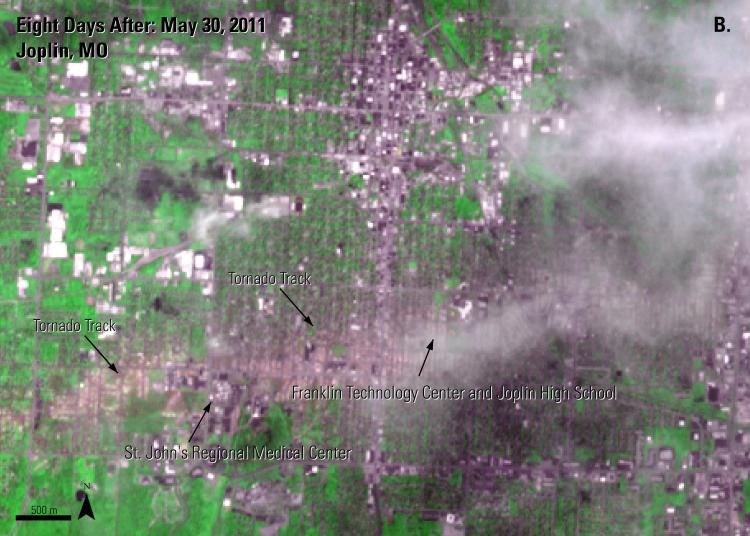 ASTER Terra data of Joplin, MO after May 30, 2011, showing the tornado track and destruction caused by a tornado on May 22, 2011.