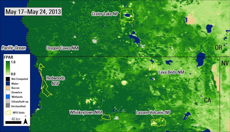 Combined MODIS 1000-meter FPAR 8-day composite (MCD15A2) from May 17–24, 2013, over southern Oregon and northern California