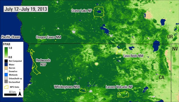 Combined MODIS 1000-meter FPAR 8-day composite (MCD15A2) from July 12–19, 2013, over southern Oregon and northern California.
