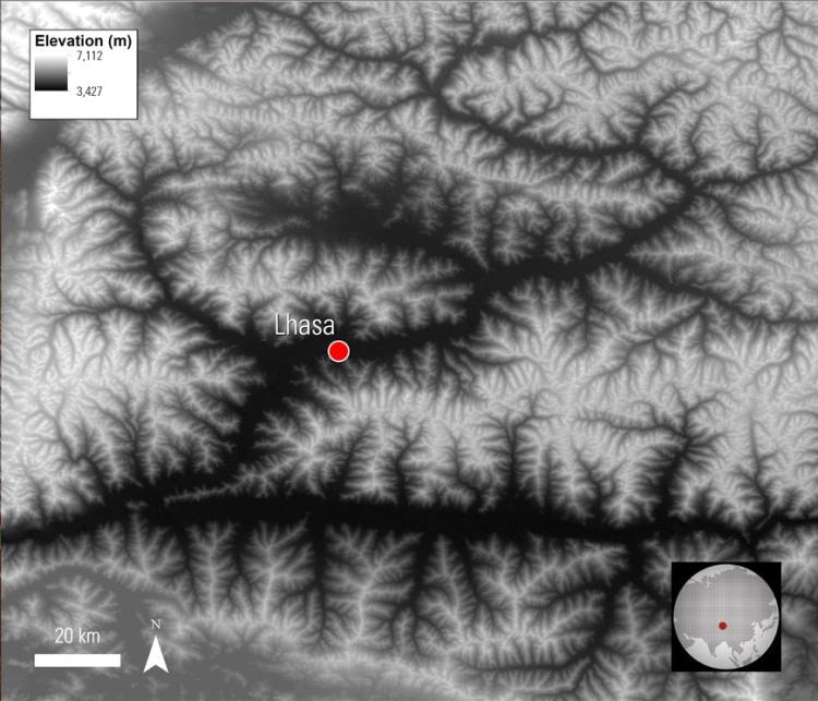 ASTER GDEM data of the area surrounding Lhasa on the Tibetan Plateau.