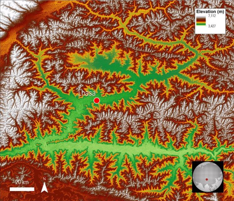 ASTER GDEM data of the area surrounding Lhasa on the Tibetan Plateau with color and hillshade applied.