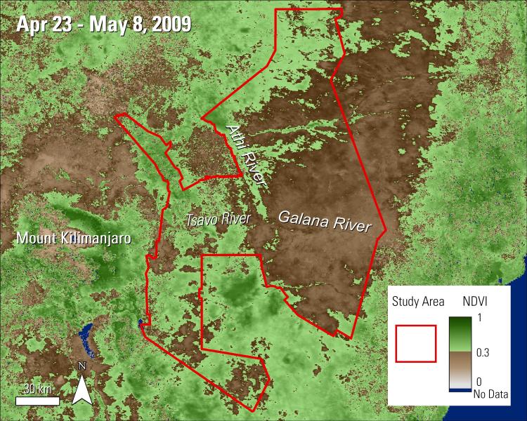 Terra MODIS NDVI data over the Tsavo Conservation Area in Kenya during April and May 2009.