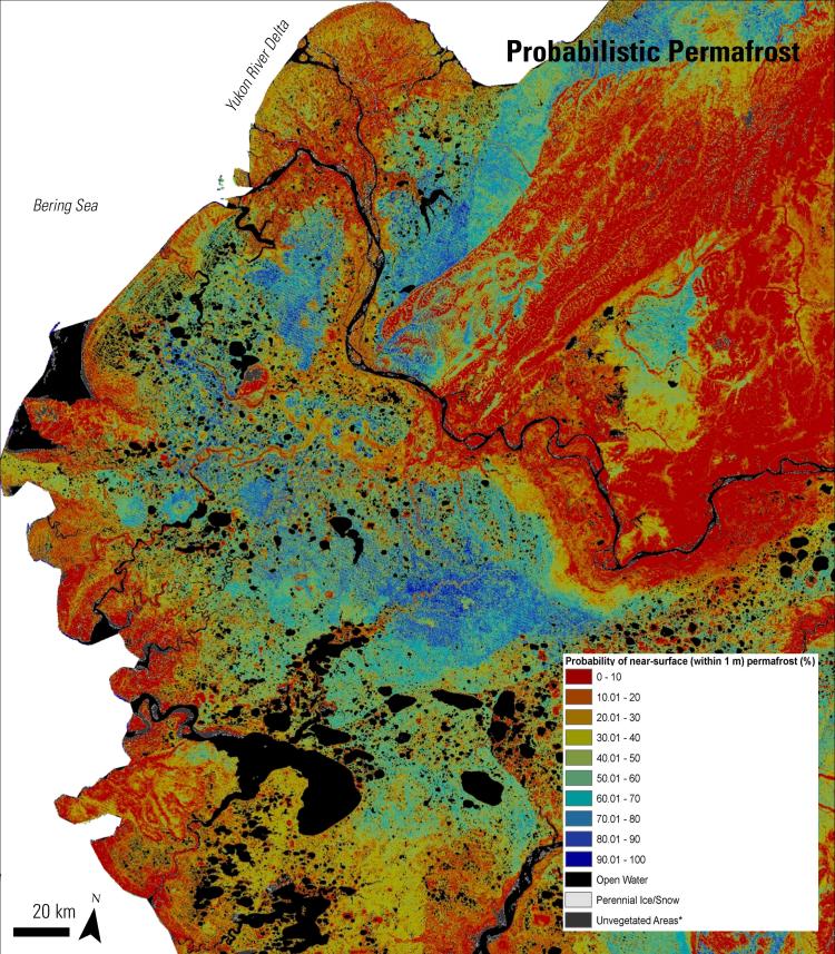 WELD permafrost probabilistic map of Yukon-Kuskokwim, Alaska, showing the probability of permafrost near the surface.