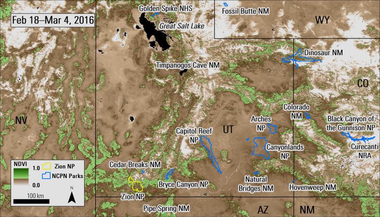 MODIS NDVI composite image (MOD13Q1) over Utah from March 4, 2016.