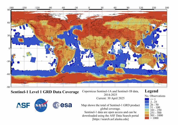 Global map showing Sentinel-1 Level 1 GRD data coverage