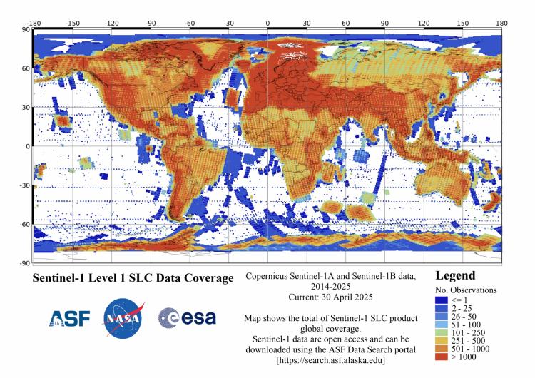 Global map showing Sentinel-1 Level 1 SLC data coverage.