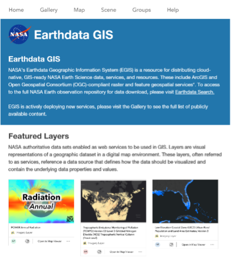 The Earthdata GIS dashboard features a gallery of datasets enabled as web services to be used in GIS.