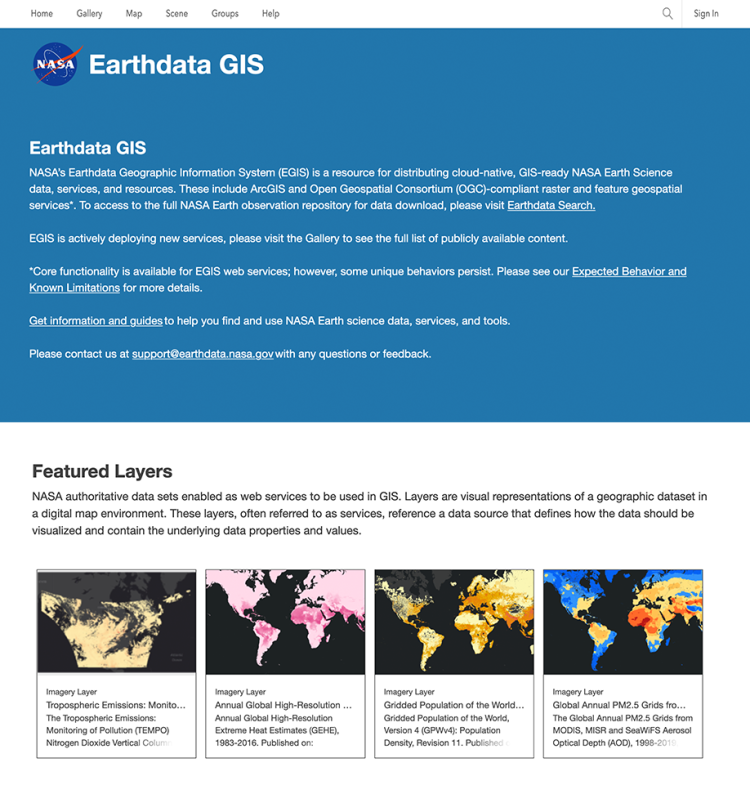 The Earthdata GIS dashboard features a gallery of datasets enabled as web services to be used in GIS.