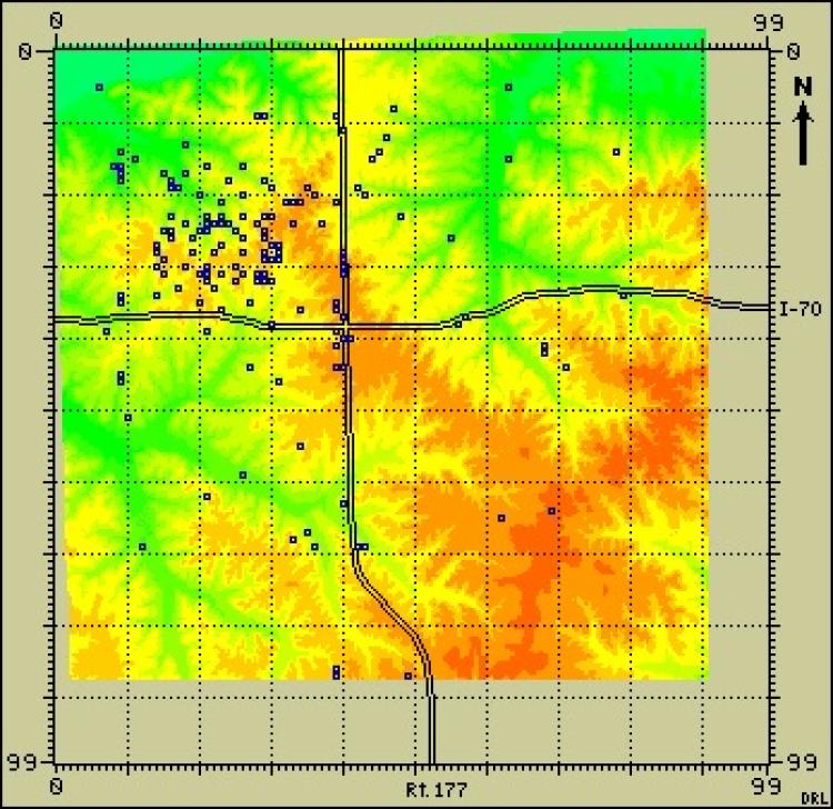 The FIFE site map in Kansas, overlaid on an elevation map.