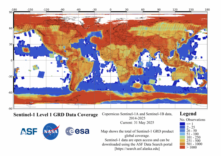 Sentinel-1 GRD Cumulative Acquisition Heatmap - May 31, 2025