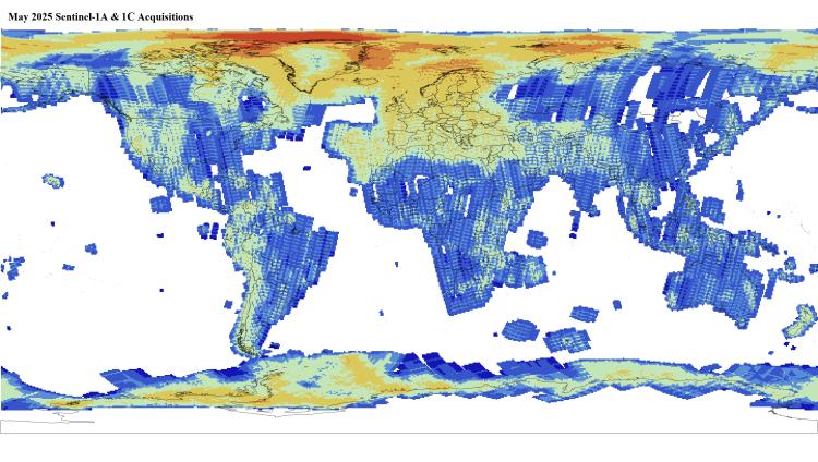 Map of Sentinel-1C Level 1 GRD data coverage for May 2025.