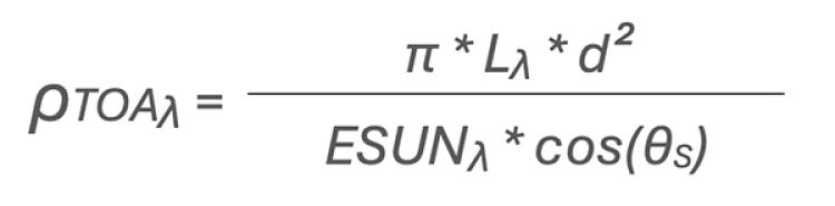 Mathematical equation to convert radiance to Top of Atmosphere TOA reflectance.
