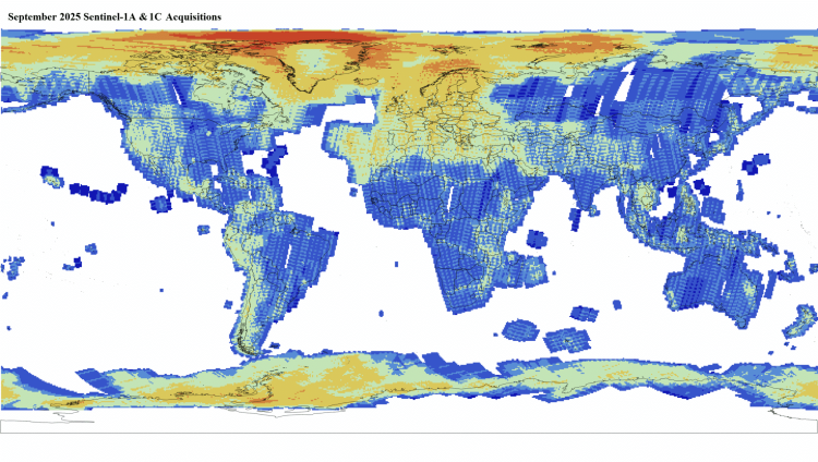 Global map showing Sentinel-1 Level 1 GRD data coverage