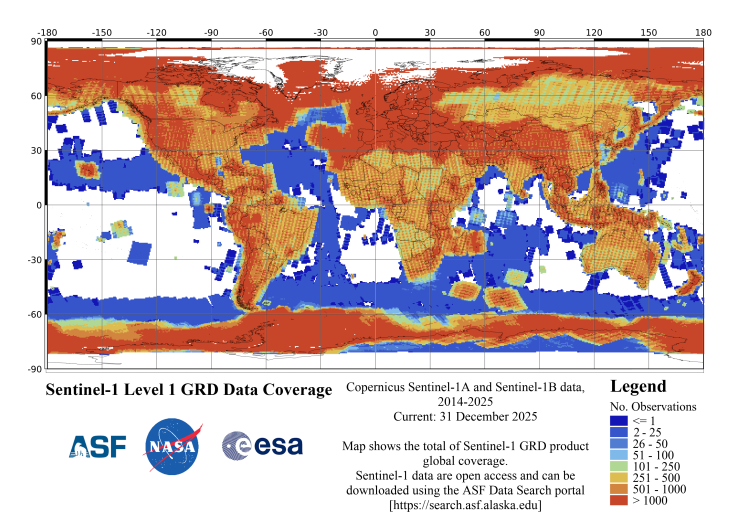 Sentinel-1 Level 1 GRD data coverage - cumulative through December 31, 2025