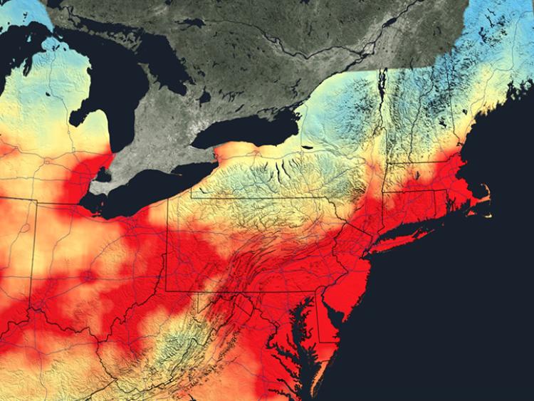 Close up of nitrogen dioxide in the Northeast U.S. averaged over 2005.