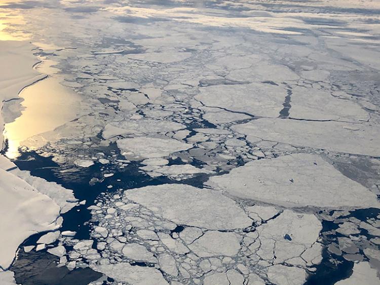 Aerial view of sea ice in the Arctic.