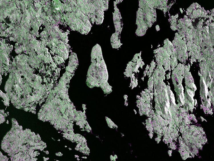 Mount Desert Island on the Maine coast, captured on August 21, shows narrow waterways cutting across the island, as well as the islets dotting the waters around it.
