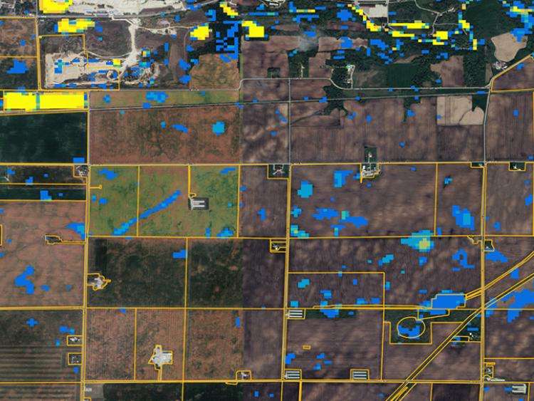 The map depicts a field south of Iowa Falls in Hardin County, IA. The pixels are color-coded to indicate the number of times a region is inundated with water from May through October 2024.