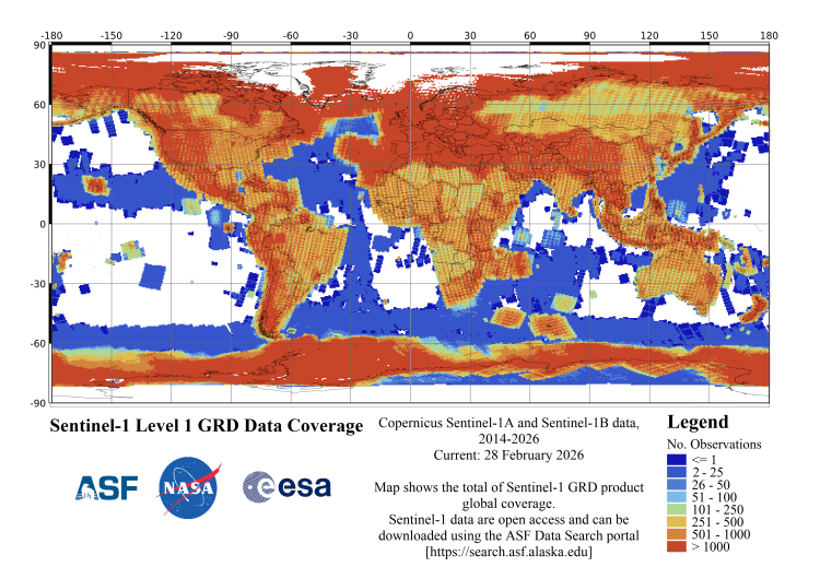Sentinel-1 Level 1 GRD data coverage - cumulative through February 28, 2026