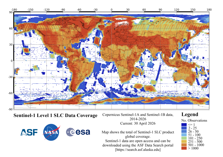 Sentinel-1 Level 1 SLC data coverage - cumulative through April 30, 2026