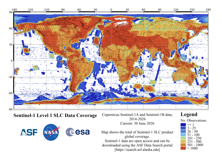 Sentinel-1 Level 1 SLC data coverage - cumulative through June 30, 2026