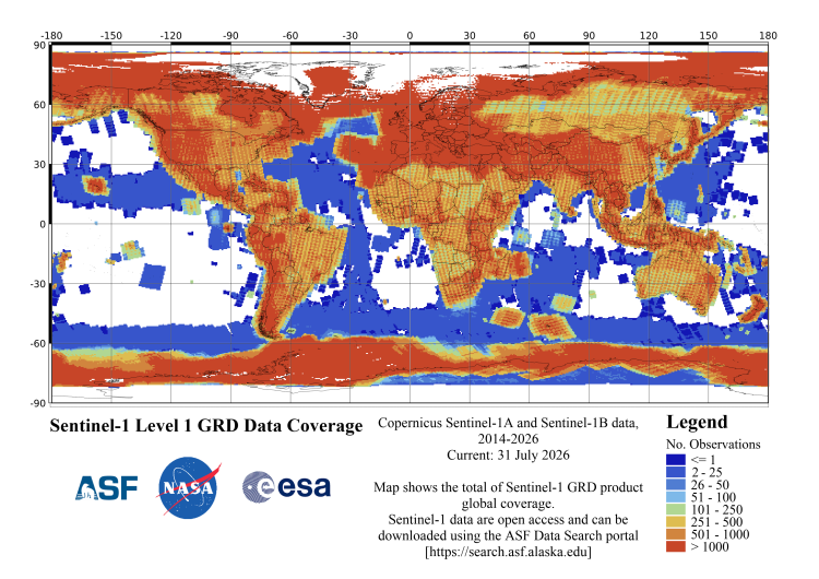 Sentinel-1 Level 1 GRD data coverage - cumulative through July 31, 2026