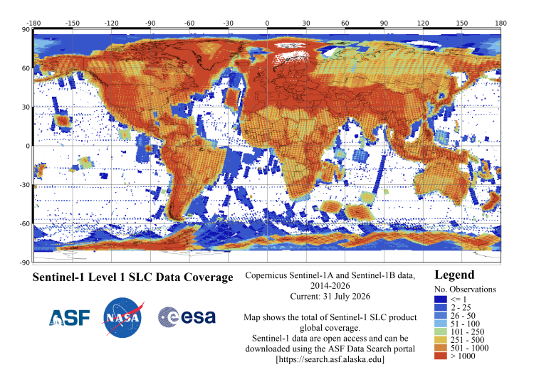 Sentinel-1 Level 1 SLC data coverage - cumulative through July 31, 2026