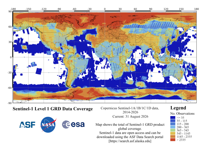 Sentinel-1 Level 1 GRD data coverage - cumulative through August 31, 2026