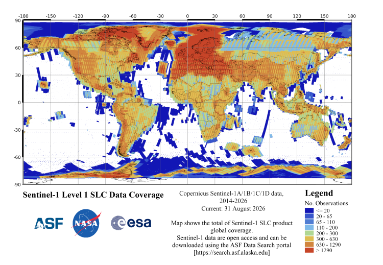 Sentinel-1 Level 1 SLC data coverage - cumulative through August 31, 2026