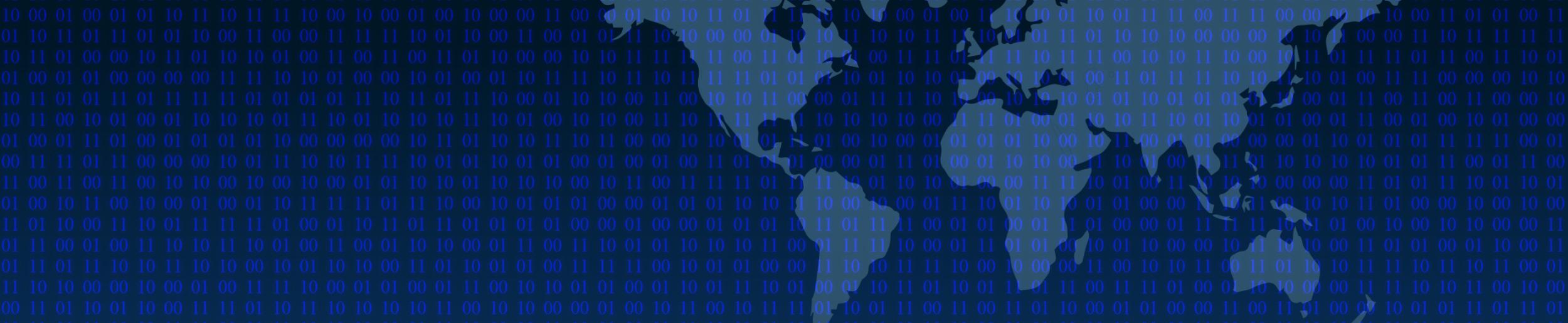 A global map in light blue against a navy blue background, with zeros and ones overlaid throughout, representing code.