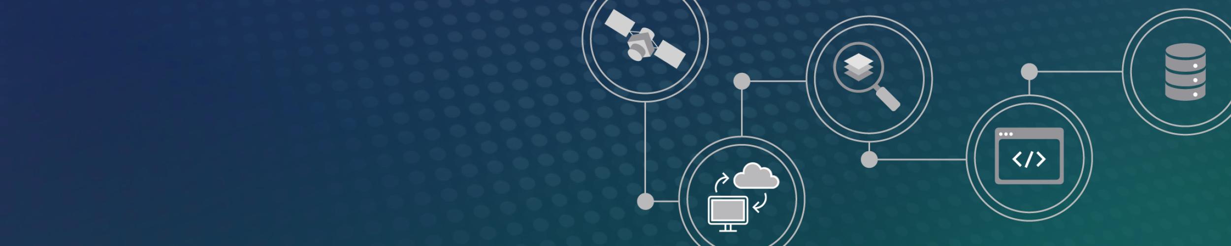 Five circles appear against a teal background. Within each circle is a graphic representation of the data lifecycle: a satellite, cloud computing, a magnifying glass representing search functionality, code, and a data stack.