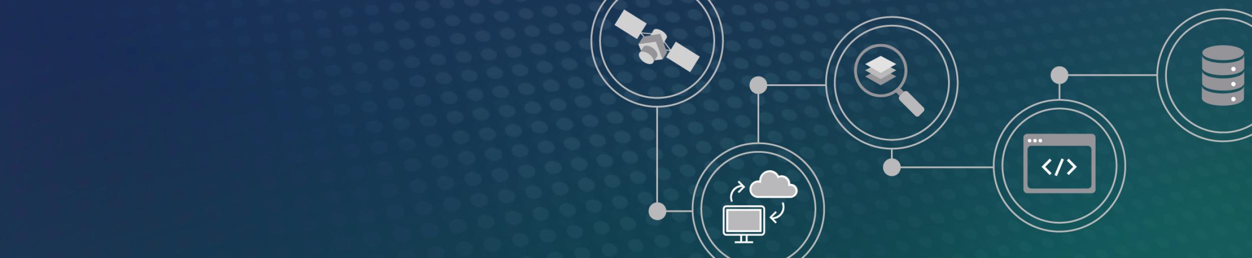 Five circles appear against a teal background. Within each circle is a graphic representation of the data lifecycle: a satellite, cloud computing, a magnifying glass representing search functionality, code, and a data stack.
