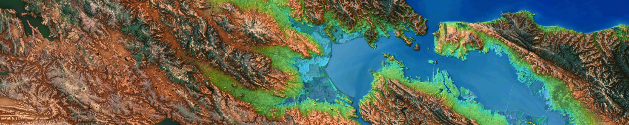 A topographic rendering of satellite imagery, with land in shades of brown and green and water in shades of blue.