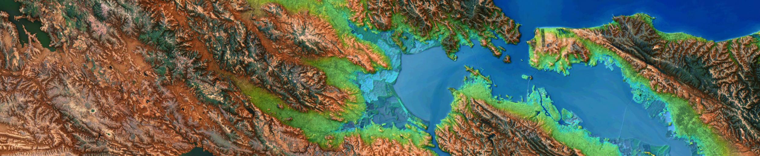 A topographic rendering of satellite imagery, with land in shades of brown and green and water in shades of blue.