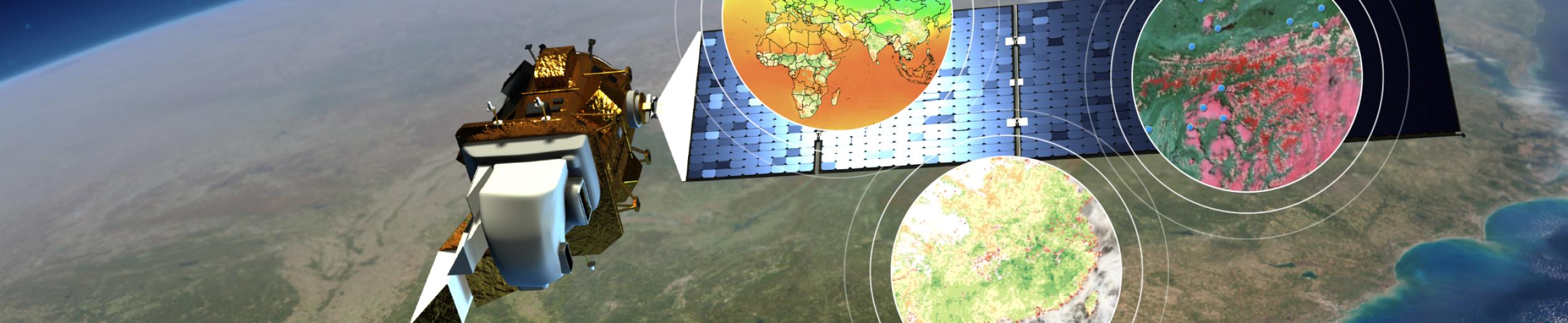 Graphic showing a satellite above Earth, with three inset circles, each showing a satellite image of Earth.