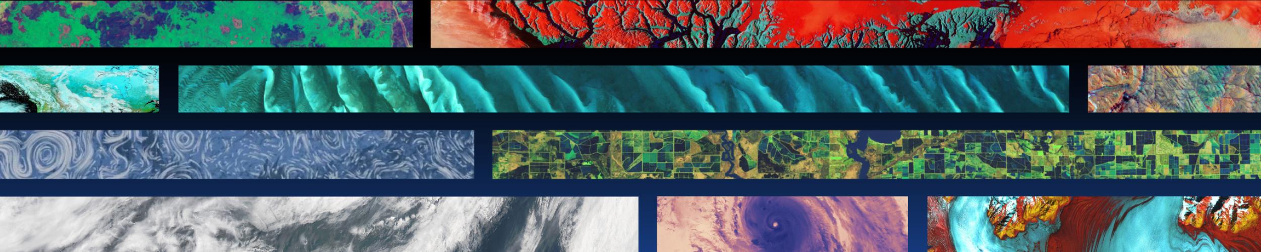 Ten rectangles show various colorful satellite images of Earth.