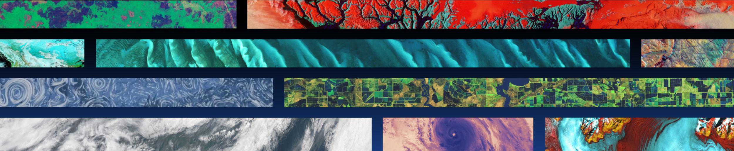 Ten rectangles show various colorful satellite images of Earth.