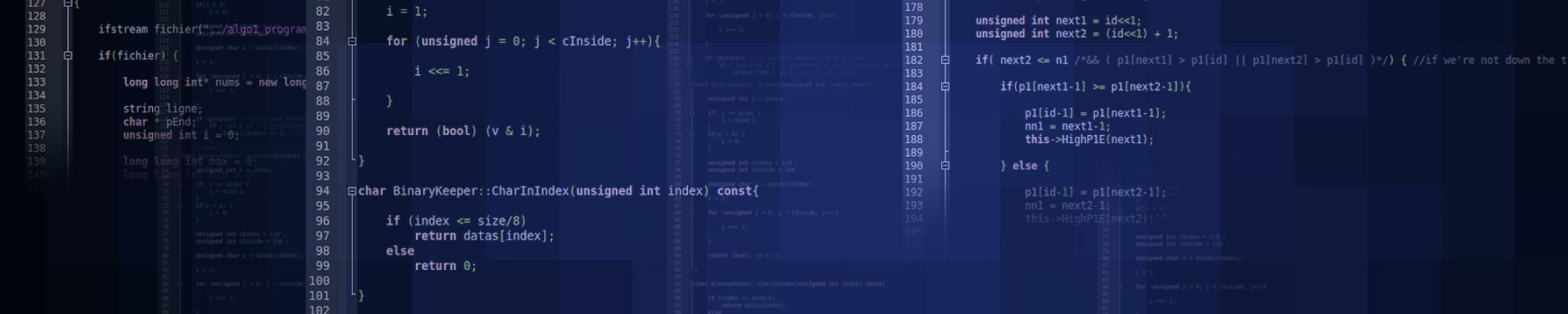 Lines of code appear against a dark blue background.