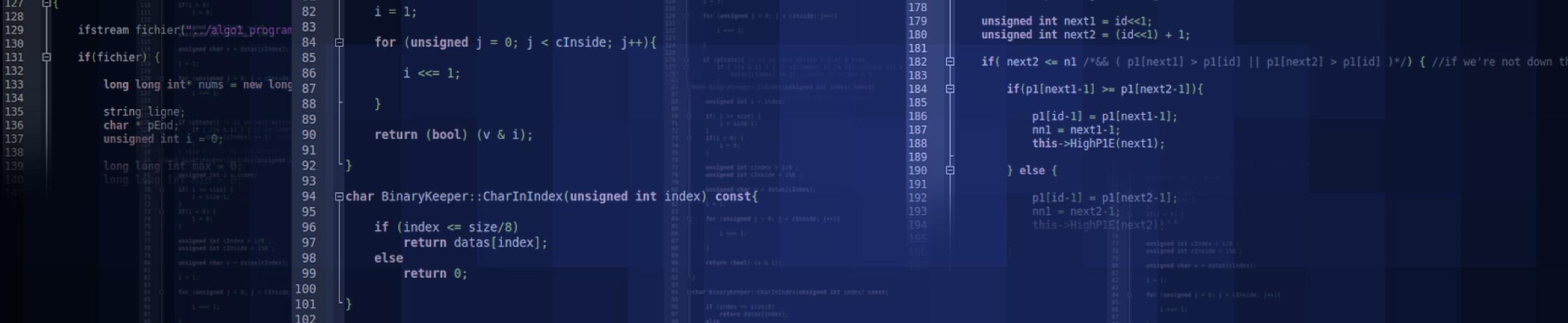 Lines of code appear against a dark blue background.