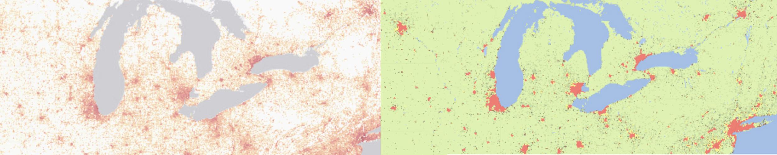 data from POPGRID viewer showing population density over the Great Lakes region