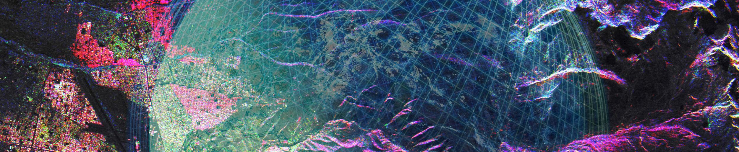 globe pattern on top of SAR land data image