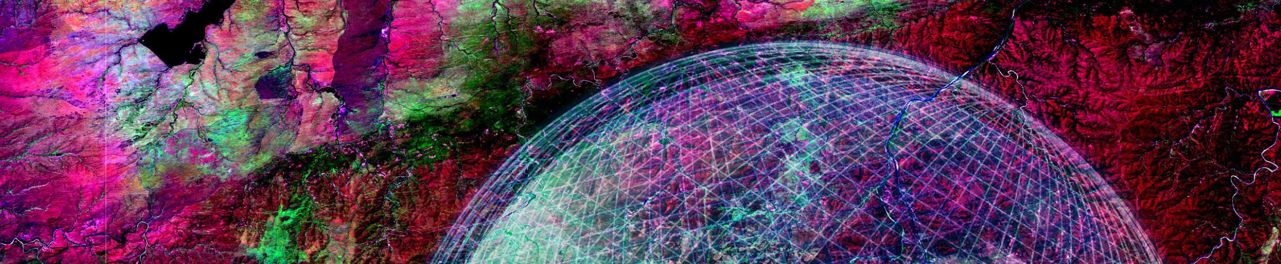 SAR land data image with globe pattern overlay