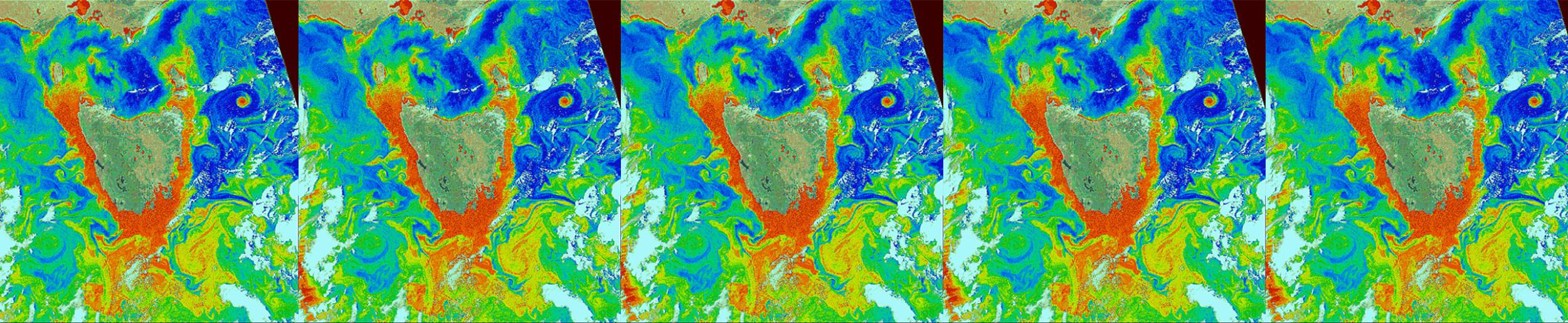Ocean color around Tasmania (false color). Red and orange colors indicate high levels of phytoplankton.