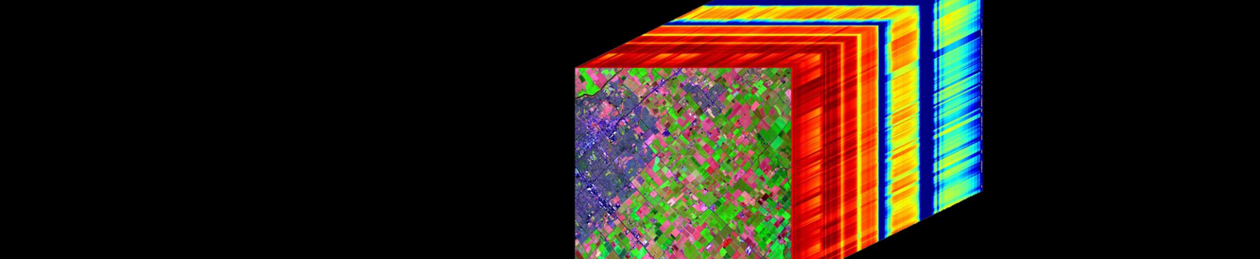 The front panel shows roads and fields around Tulare, California, as seen by AVIRIS-5 during a checkout flight earlier this year. The side panels depict the spectral fingerprint captured for every point in the image.
