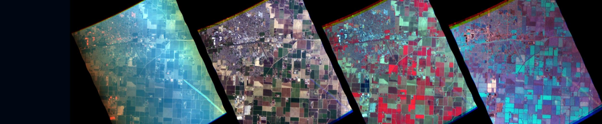 Nadir imagery from an AirMSPI step and stare sequence over Hanford, CA acquired on 22 January 2013. Different combinations of image channels are displayed as blue, green, red color composites. 