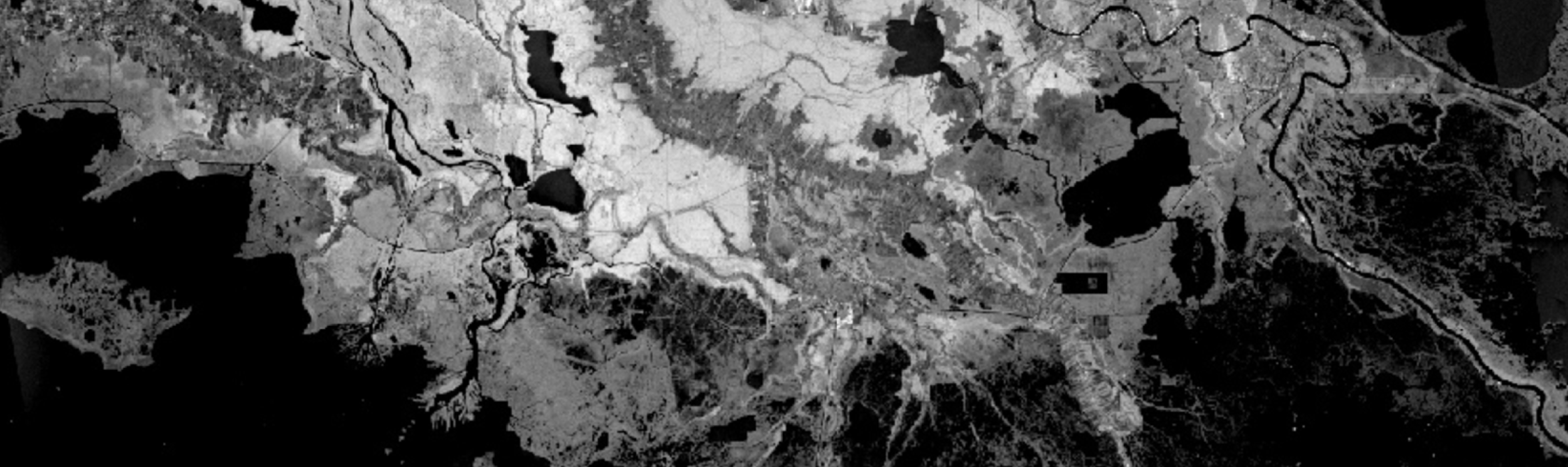A black and white SAR image of a coastline. 