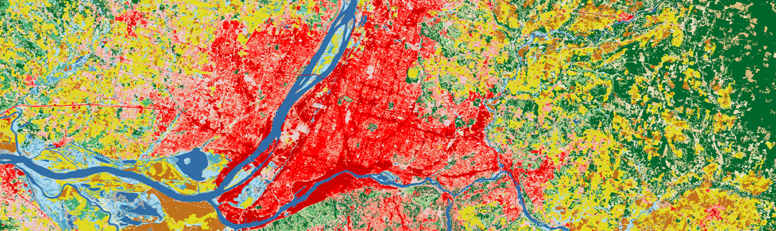 The image provided is a land cover classification map of the Portland, Oregon metropolitan area, near the confluence of the Willamette and Columbia Rivers. 