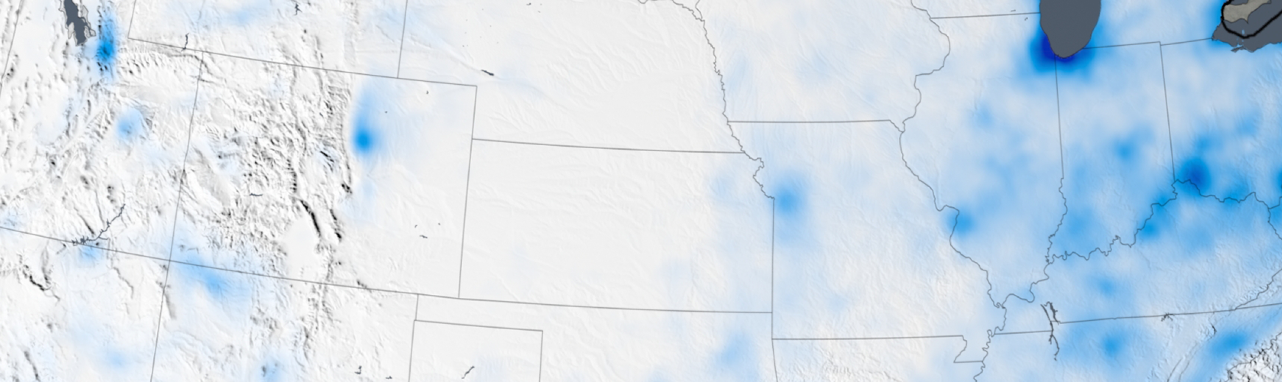 Portion of a trend map of the United States showing the large decreases in nitrogen dioxide concentrations from 2005 to 2014. Only decreases are highlighted in this map.
